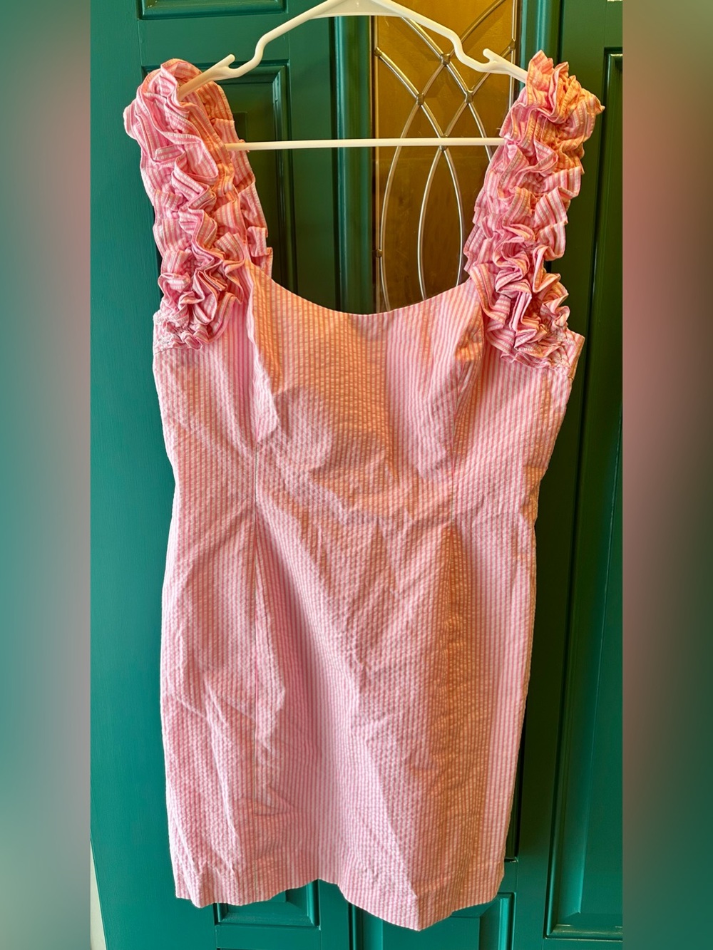 Lilly Pulitzer Devina Dress Pink Cosmo Seersucker Ruffle Strap Shift 10